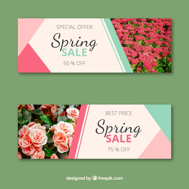 Banners de rebajas de primavera con foto de rosas