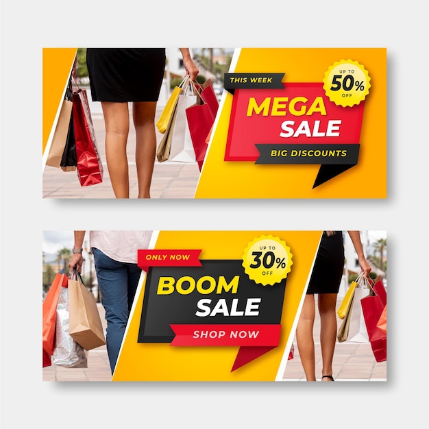 Vector gratuito banners de rebajas realistas con foto.