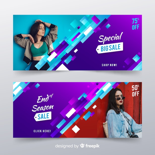 Vector gratuito banners de rebajas de ropa con foto