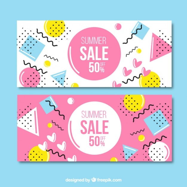 Vector gratuito banners de rebajas rosa y blanco en estilo memphis