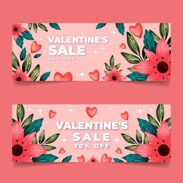 Banners de rebajas de san valentín en acuarela
