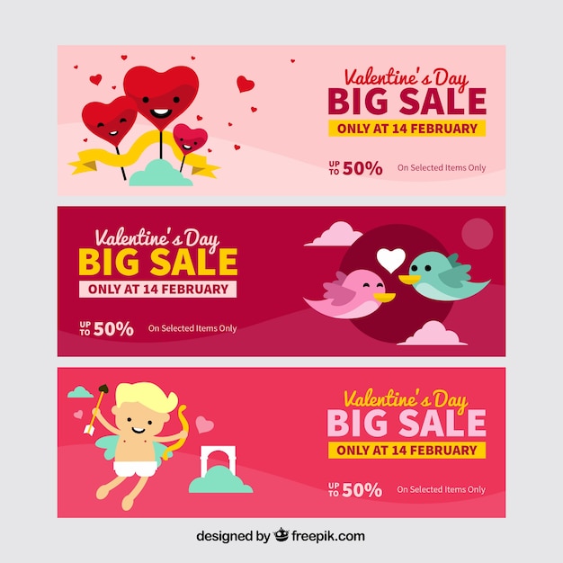 Banners de rebajas de san valentín dibujados a mano