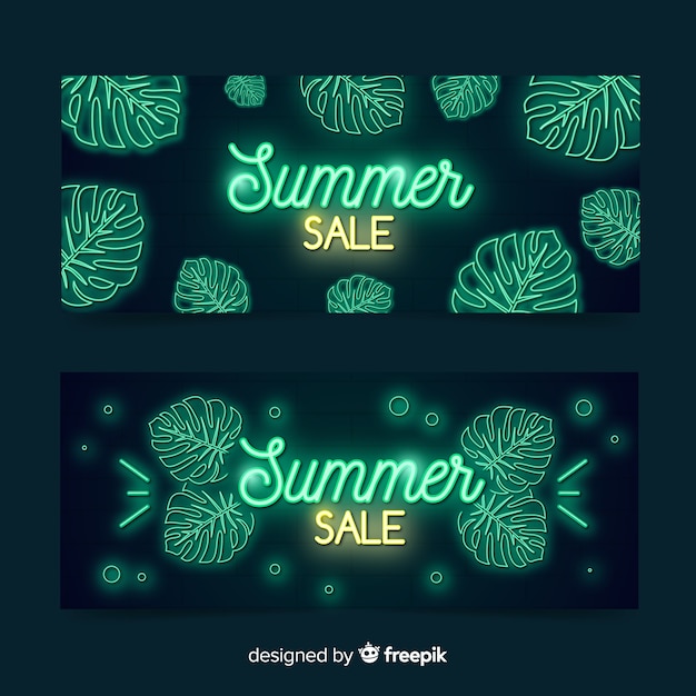 Vector gratuito banners de rebajas veraniegas con luces de neón