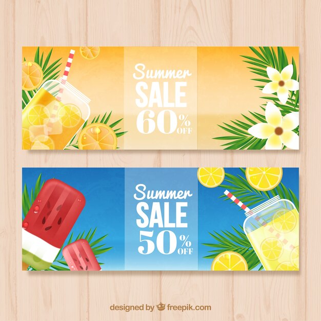 Banners de rebajas de verano con bebidas y helado