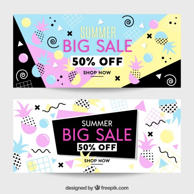 Banners de rebajas de verano con elementos memphis