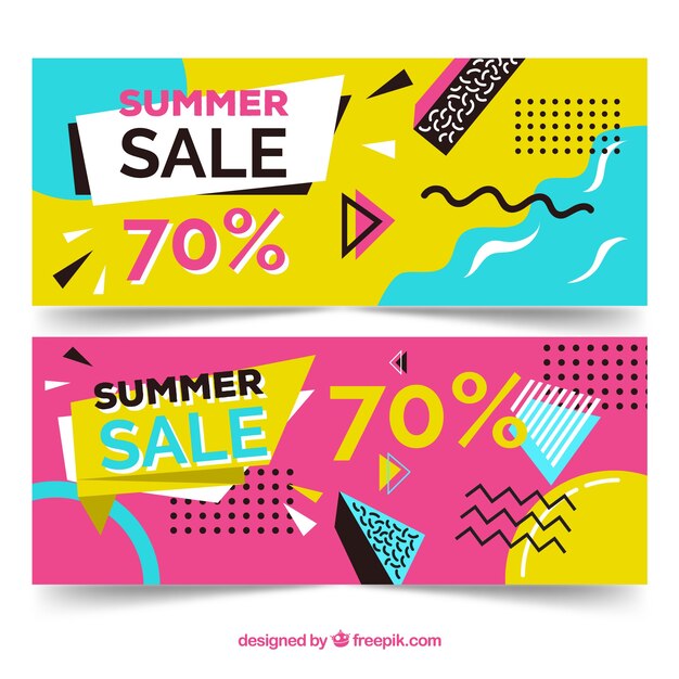 Banners de rebajas de verano en estilo memphis