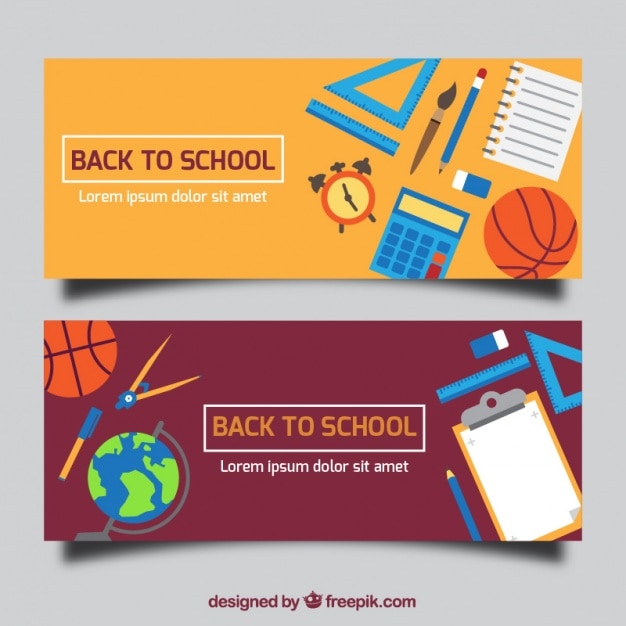 Vector gratuito banners de regreso al colegio con objetos para asignaturas