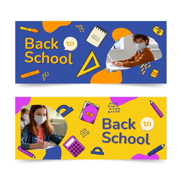 Vector gratuito banners de regreso a la escuela dibujados a mano con foto