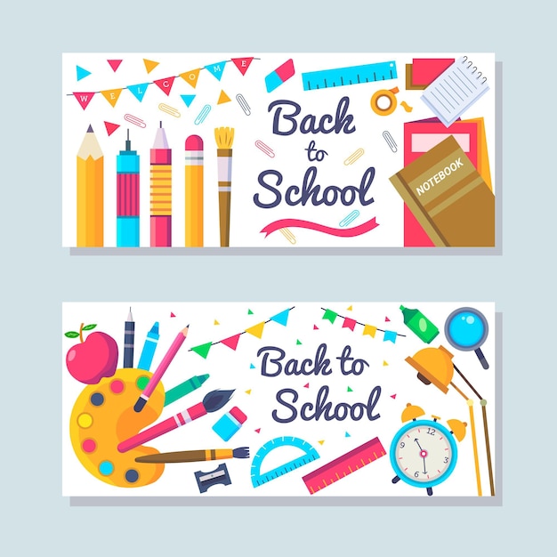 Vector gratuito banners de regreso a la escuela en diseño plano