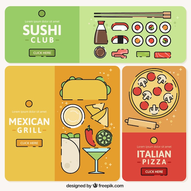 Vector gratuito banners de restaurantes coloridos con diferentes tipos de comida