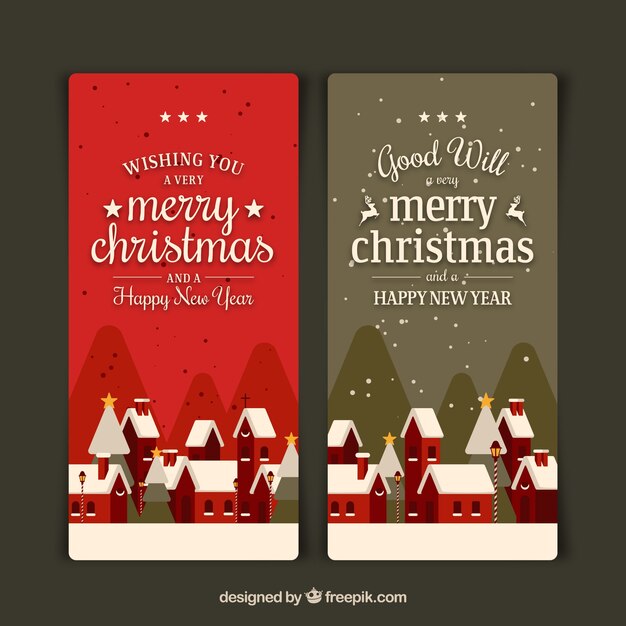 Banners retro de casas nevadas de navidad 