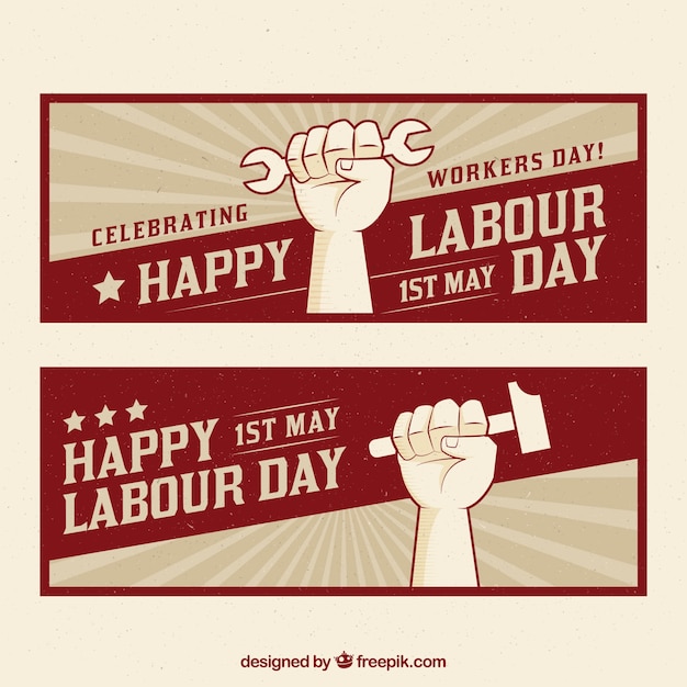 Banners retro con manos sujetando herramientas para el día de los trabajadores