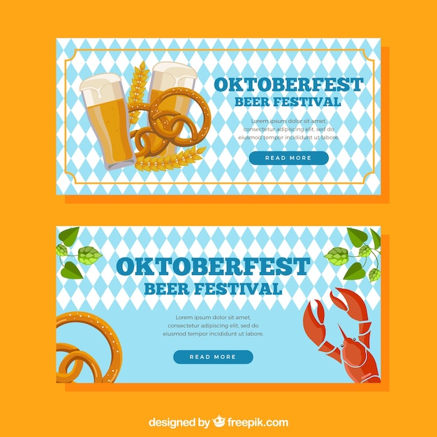 Banners de rombos de oktoberfest con comida y bebida tradicional