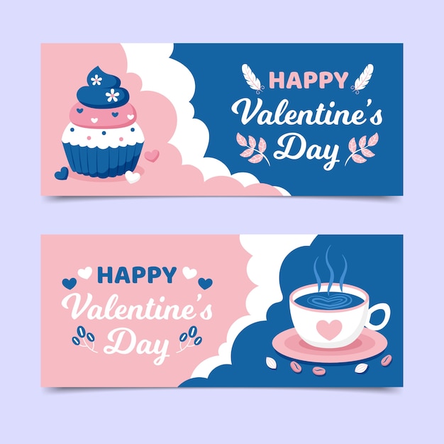 Banners de san valentín con café y cupcake