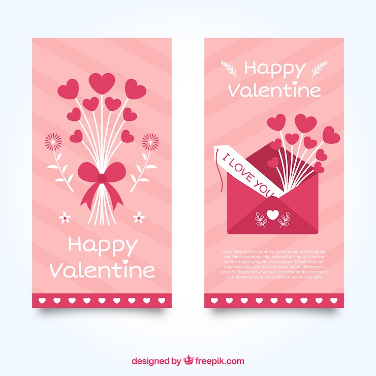 Vector gratuito banners de san valentín rosas con corazones y sobre