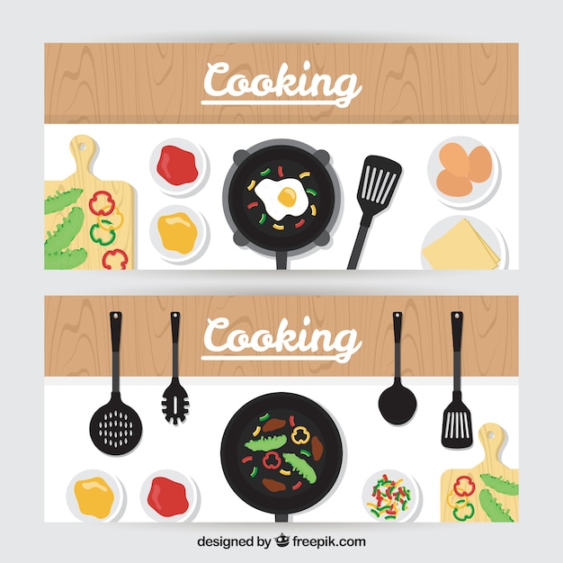 Vector gratuito banners de sartén con deliciosa comida