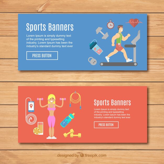 Banners con simpáticos elementos de deporte en diseño plano