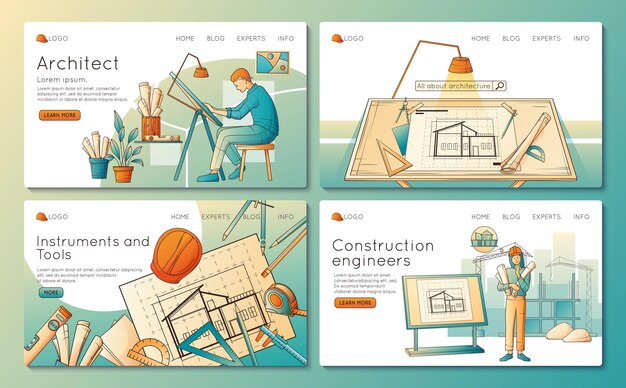 Banners de sitios web planos de arquitectos e ingenieros de construcción con instrumentos para crear proyectos y personas trabajadoras ilustraciones vectoriales aisladas