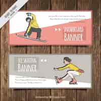 Vector gratuito banners de ski y patinaje dibujados a mano