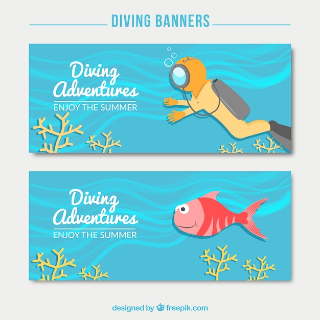 Vector gratuito banners de submarinismo de buzo y pez