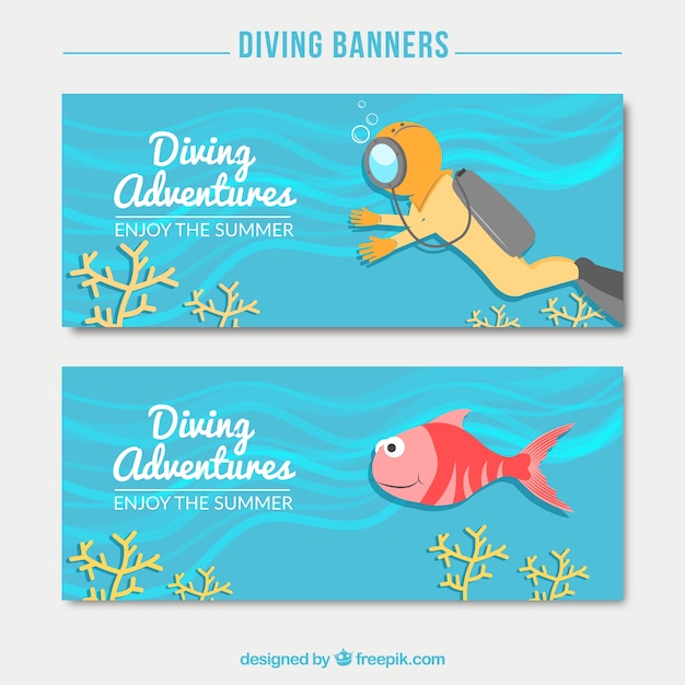 Banners de submarinismo de buzo y pez