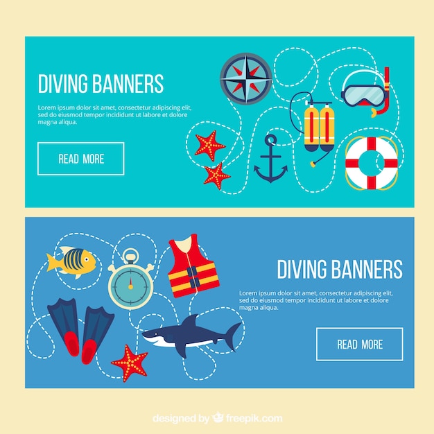 Vector gratuito banners de submarinismo con elementos en diseño plano