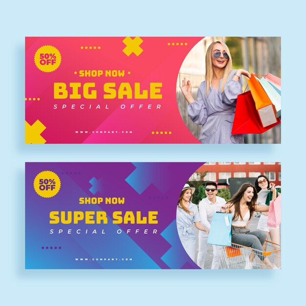 Banners de super rebajas degradados con foto