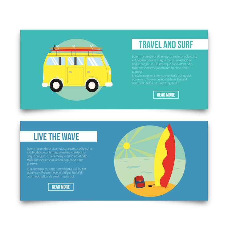 Vector gratuito banners de surf con texto