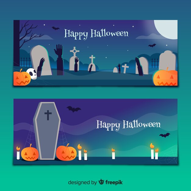 Banners terroríficos de halloween con diseño plano