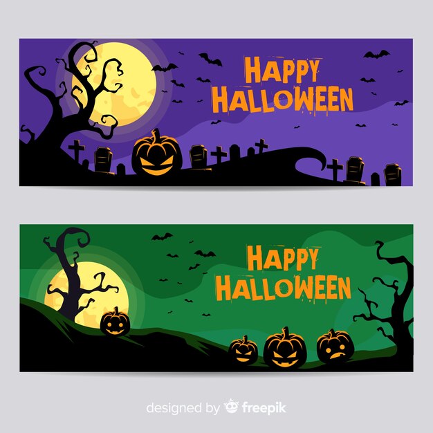 Banners terroríficos de halloween con diseño plano