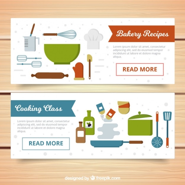 Vector gratuito banners de utensilios de cocina en diseño plano