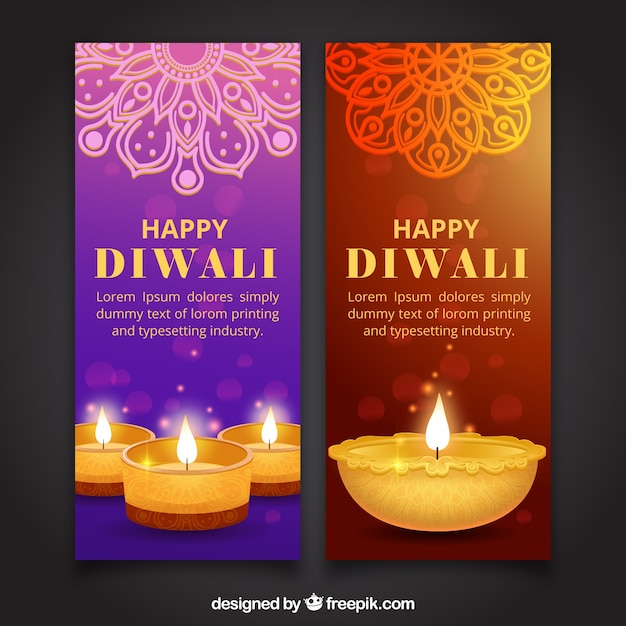 Vector gratuito banners con velas de feliz diwali