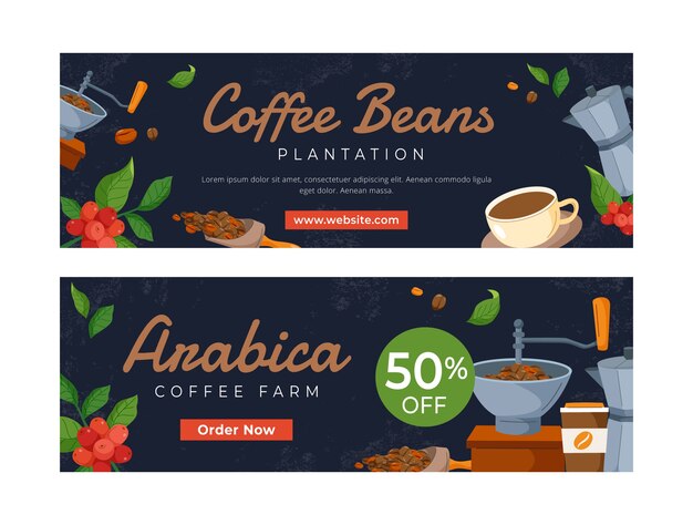 Banners de venta de cafetales dibujados a mano