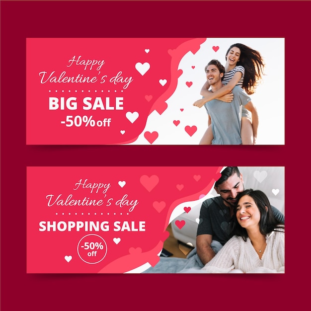 Vector gratuito banners de venta de compras de san valentín con foto.