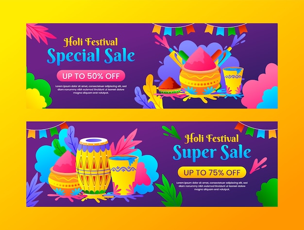 Vector gratuito banners de venta degradados establecidos para la celebración del festival holi