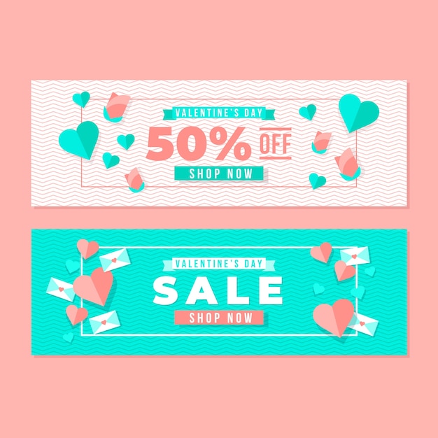 Banners de venta de día de san valentín de estilo plano