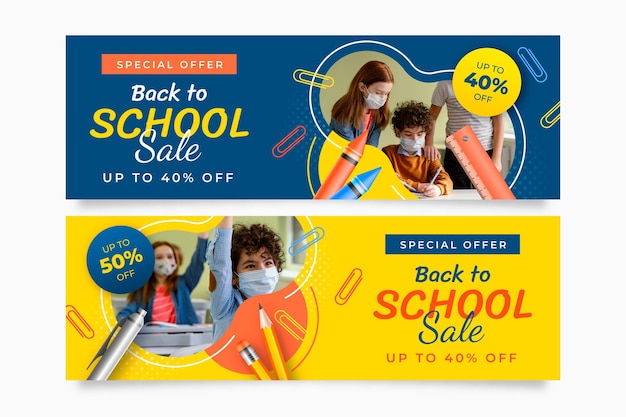 Vector gratuito banners de venta horizontal de regreso a la escuela realistas con foto