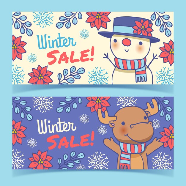 Banners de venta de invierno dibujados a mano