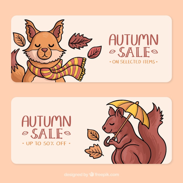 Banners de venta de otoño con animales