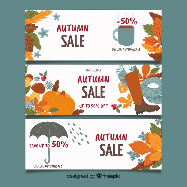 Banners de venta otoño dibujados a mano