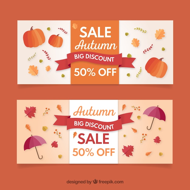 Banners de venta de otoño con hojas coloridas
