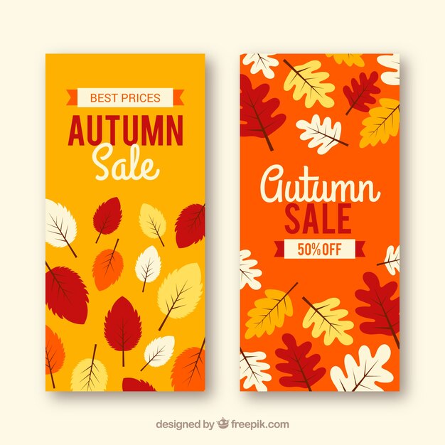 Banners de venta de otoño con hojas coloridas
