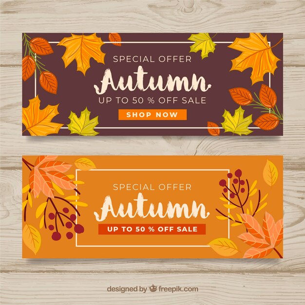 Banners de venta de otoño con hojas coloridas