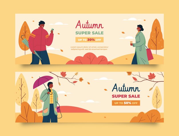 Banners de venta planos horizontales establecidos para la celebración de otoño
