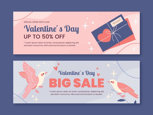 Vector gratuito banners de venta planos horizontales establecidos para el día de san valentín