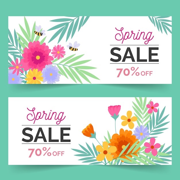 Vector gratuito banners de venta de primavera de diseño plano con descuento