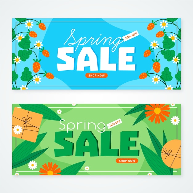 Banners de venta de primavera en diseño plano