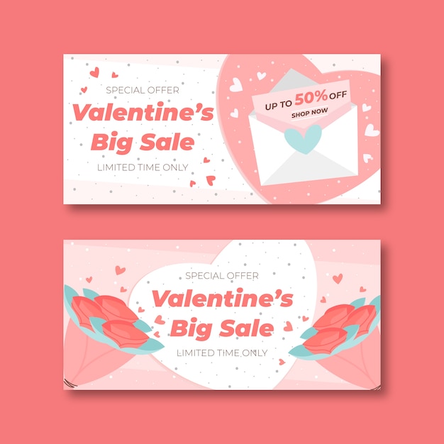 Banners de venta de san valentín en diseño plano