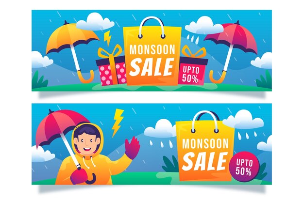 Banners de venta de temporada de monzón degradado