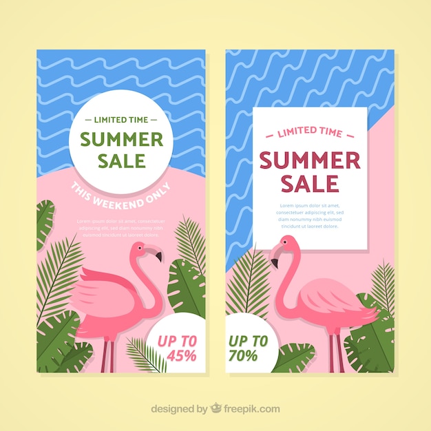 Banners de venta de verano con elementos de playa